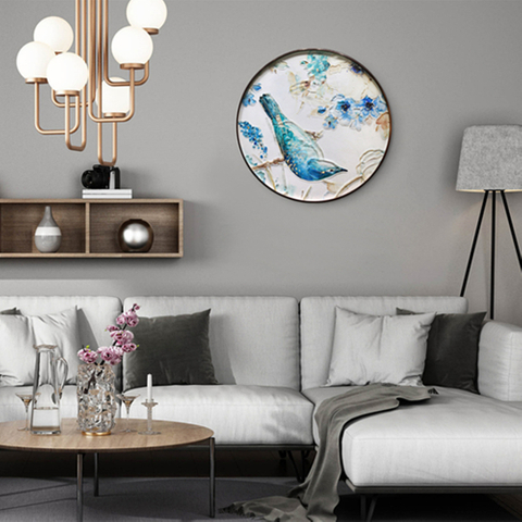 لوحة فنية جدارية للطيور والزهور المزخرفة سهلة التنظيف على شكل دائرة زجاجية